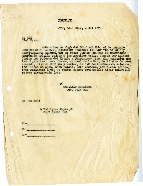 Foto de Nota del Coronel Cantillo jefe del SIM, en la que confirma la fuga de Armando de la Audiencia de la Habana el 4 de julio de 1957. 
